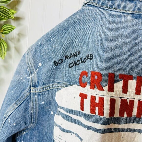 Zara Men’s Sz M Jean Denim Jacket Critical Thinker So Many Choices Just Light - Picture 3 of 16